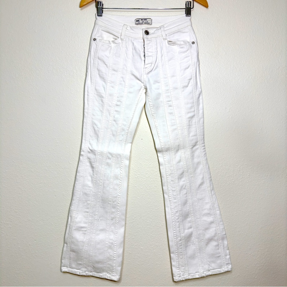 Free People White Panel Mid Rise Button Fly Women’s Boot Cut Flare Jeans, 24/25